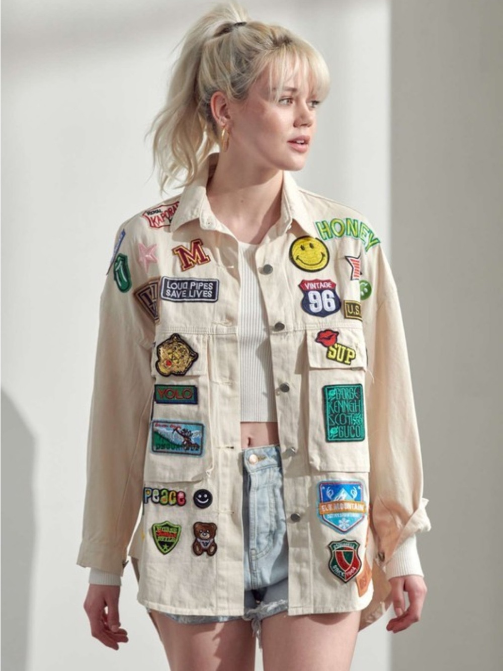 7155. Jade by Jane Casual Cream Patchwork Utility Jacket
